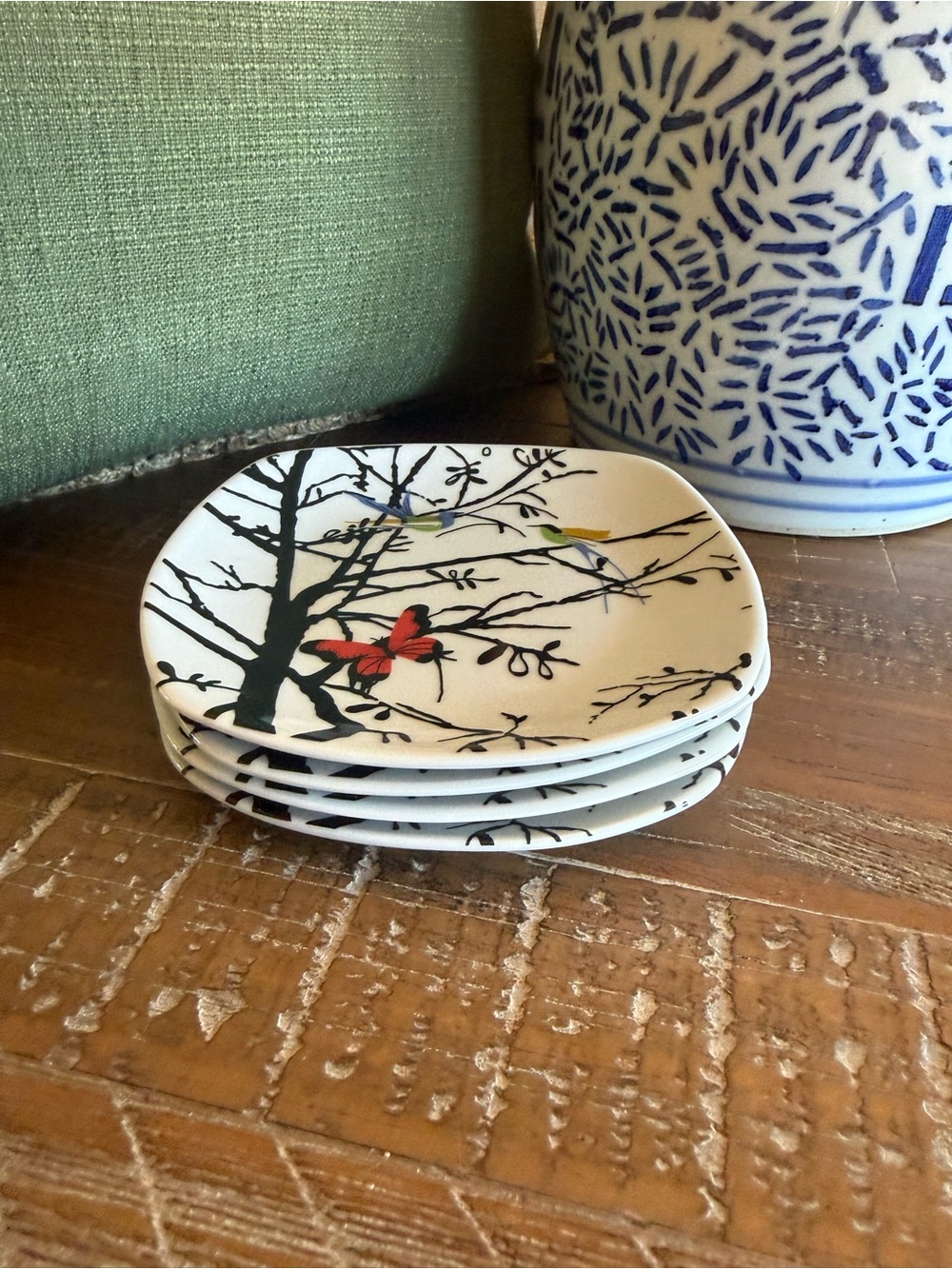 Set of 4 Roscher Ceramic Square Plates - "Nora" Pattern (Birds & Butterfly